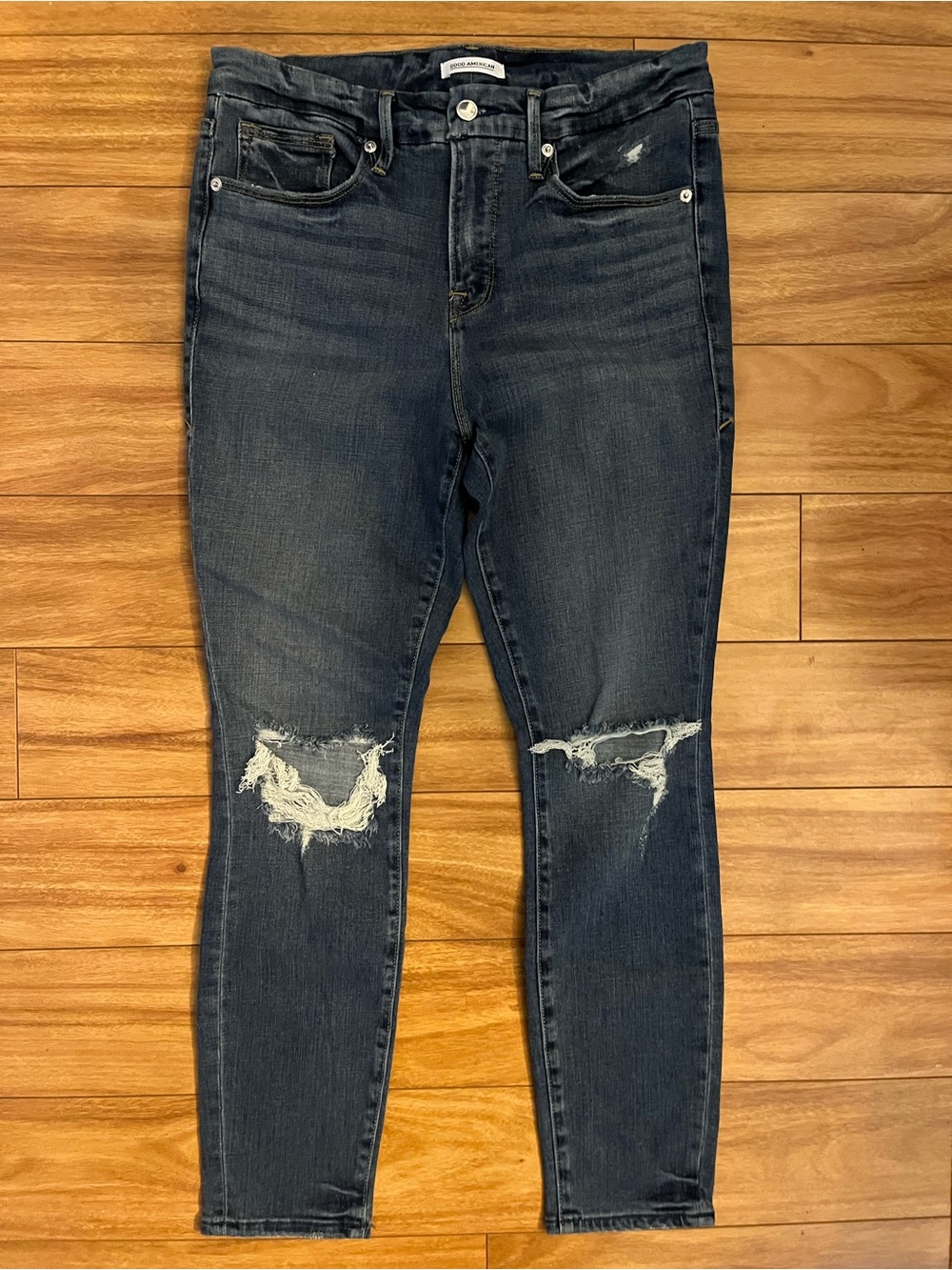 Good American Good Legs Crop Dark Blue Ripped Ankle Cropped Jeans
